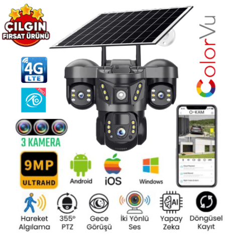 O-Kam 7070 eSIM Destekli Solar PTZ Kamera (9MP)