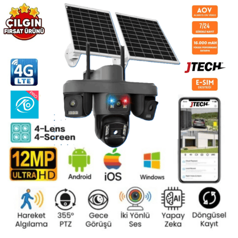 O-Kam OK-335 Premium Solar PTZ Kamera (12MP, 4G Bağlantılı)